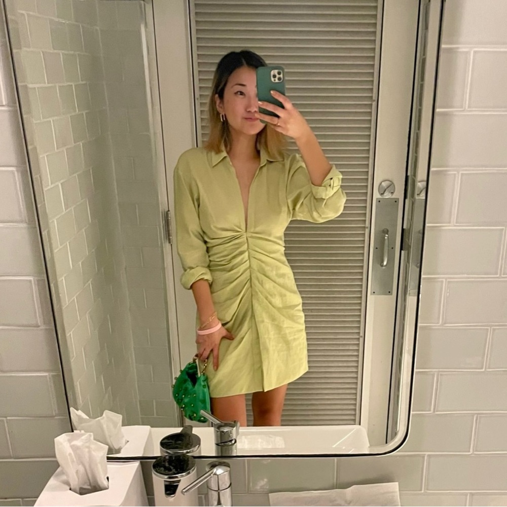 Zara Celery Green Shirred Mini Shirt Dress - Small